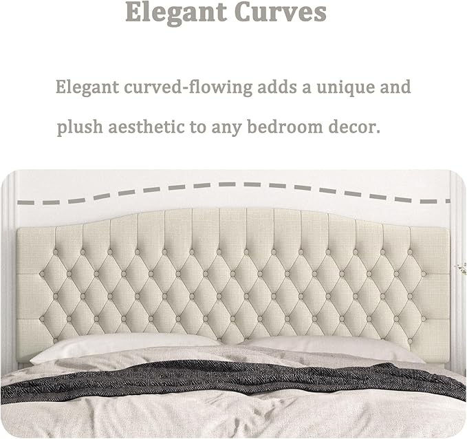 King Headboard Only, Upholstered Headboard King Size for Adjustable Bed Linen Tufted Wall Mounted Head Board with Solid Wood Legs, Ivory