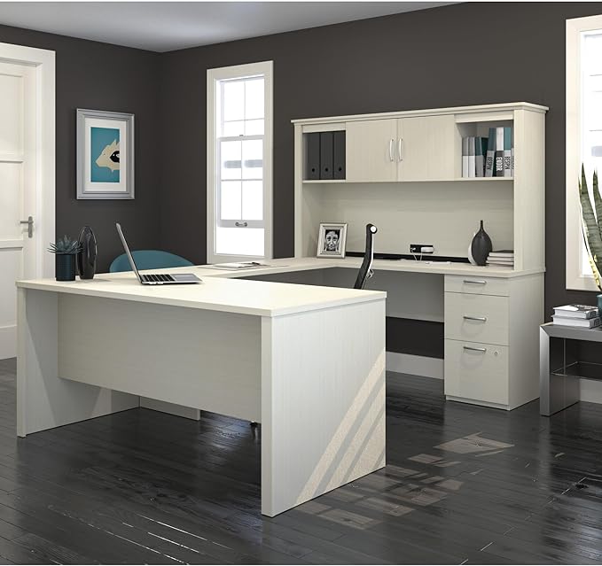 Bestar Logan 66W U or L-Shaped Executive Office Desk with Pedestal and Hutch in White Chocolate