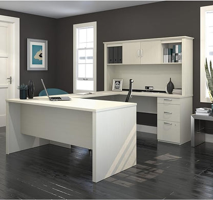 Bestar Logan 66W U or L-Shaped Executive Office Desk with Pedestal and Hutch in White Chocolate