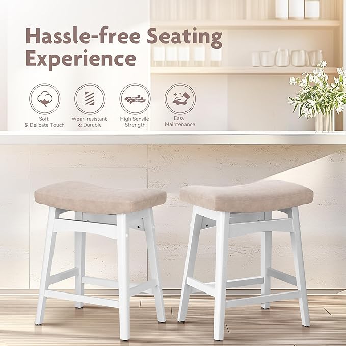 ALPHA HOME Bar Stools Set of 1, Solid Wood Saddle Kitchen Stools with Grey PU Leather Cushion Counter Height Barstools with Wooden Base for Kitchen Dining Cafe, 24 Inch, 1PCS