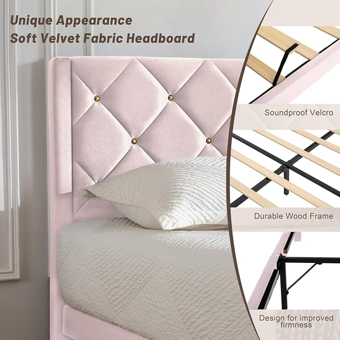 Queen Size Platform Bed Frame with Velvet Upholstered Headboard and Sturdy Wooden Slats Support,Mattress Foundation，Easy Assembly, No Box Spring Needed,Slip Resistant (Pink, Queen)