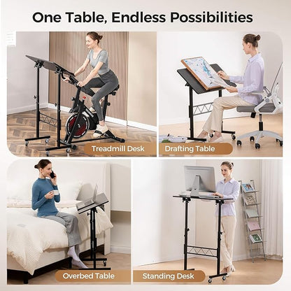 COMHOMA Small Standing Desk Adjustable Height & Tiltable Tabletop, Mobile Stand Up Desk for Laptop, Portable Computer Table for Home Office Work and Walking Pad Treadmill, Height 30.7"-46.4", Black