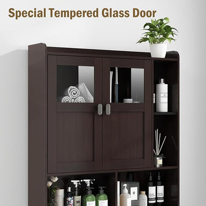 Vabches Over The Toilet Storage Cabinet, Bathroom Shelf Over Toilet with Glass Doors and Adjustable Shelves, Espresso Freestanding Home Space Save Toilet Rack for Restroom, Bathroom, Laundry