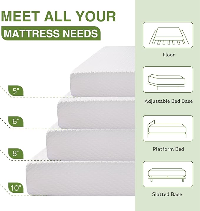 EGOHOME Twin XL Memory Foam Mattress, 10 Inch Bed Mattress in a Box with Cooling Green Tea Gel, Relieve Pressure with Medium Support, CertiPUR-US Certified, 80''L x 38''W, White