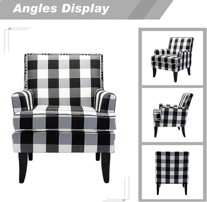 HULALA HOME Modern Accent Chairs Set of 2, Farmhouse High Back Buffalo Plaid Chairs with Wooden Legs & Nail Head Trim, Comfy Upholstered Armchairs for Living Room/Bedroom (Buffalo Black)
