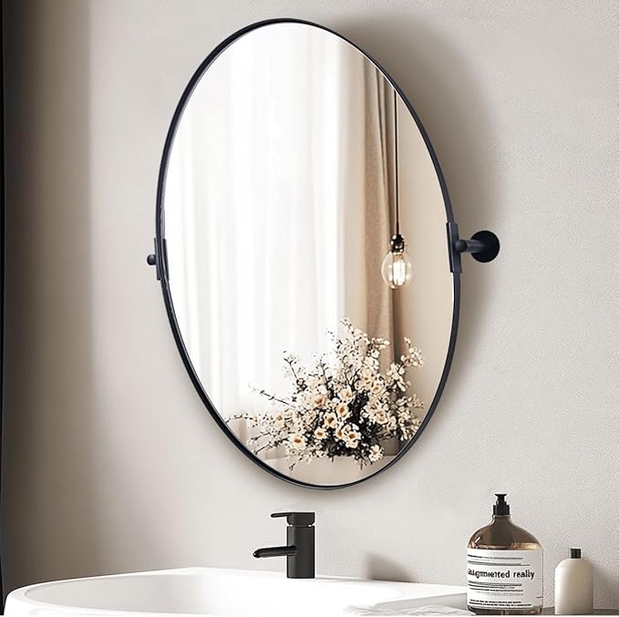 ANDY STAR Black Mirror for Bathroom, 24 x 32 Inch Oval Wall Mirror with Stainless Steel Metal Frame, Pivot Vanity Mirror Vertical Hanging for Modern Style Room