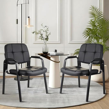 CLLATINA Waiting Room Chairs with Padded Arms Leather Guest Chair no Wheels for Office Reception and Conference Desk Black 2PK