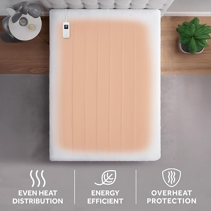 Sunbeam Electric Heated Mattress Pad Restful Quilted Extra-Cozy Fabric 12 Heat Settings 12-Hour Auto Shut-Off Deep Pocket Fit Machine Washable Full 75" x 54"