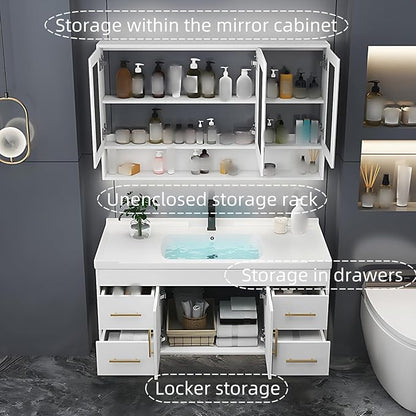 56IN Modern Bathroom Vanity - LED Intelligent Mirror Cabinet Includes Time Display & Defogging | Bathroom Cabinet with Sink & Open Storage Compartments, Ceramic Washbasin, 4 Drawers (Style B)