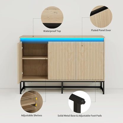 Fluted Sideboard Buffet Cabinet with Storage Wood Storage Cabinet with Doors and Adjustable Shelves LED Light, Modern Credenza for Kitchen, Dining Room, Living Room, Entryway (59" Oak, 1)