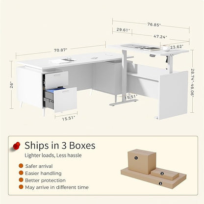 77" L-Shaped Electric Standing Executive Desk with 2-Drawer Storage Cabinet, Height Adjustable Workstation with Memory Presetsfor Home Office