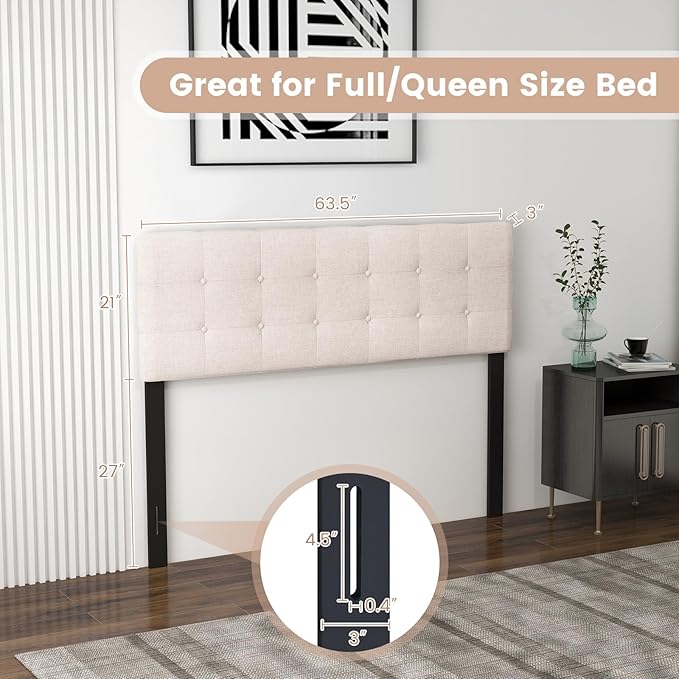 KOMFOTT Linen Upholstered Headboard for Full & Queen Size Bed Frame, Tufted Button Bed Headboard with Solid Rubber Wood Legs, Rectangular Headboard with Adjustable Width, Beige