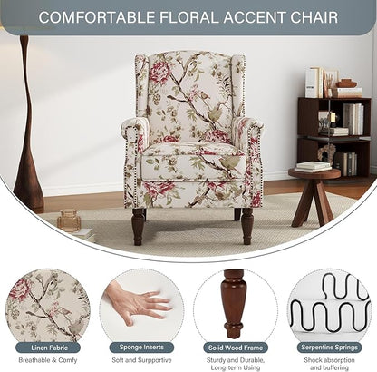 UIXE Floral Accent Chairs Set of 2, High Back Upholstered Armchair Wingback Arm Chair in Fabric for Living Room, Nailhead Trim Single Sofa Bedroom Side Reading Seat with Retro Solid Wood Legs - Beige