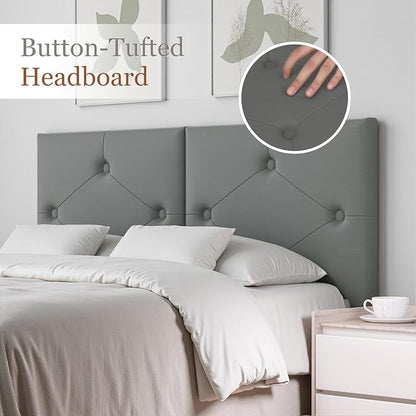Modern Queen Headboard, Upholstered Faux Leather Bed Headboard with Solid Wood & Sturdy Metal Legs, Tufted Adjustable Height Headboards in Button Design, Grey
