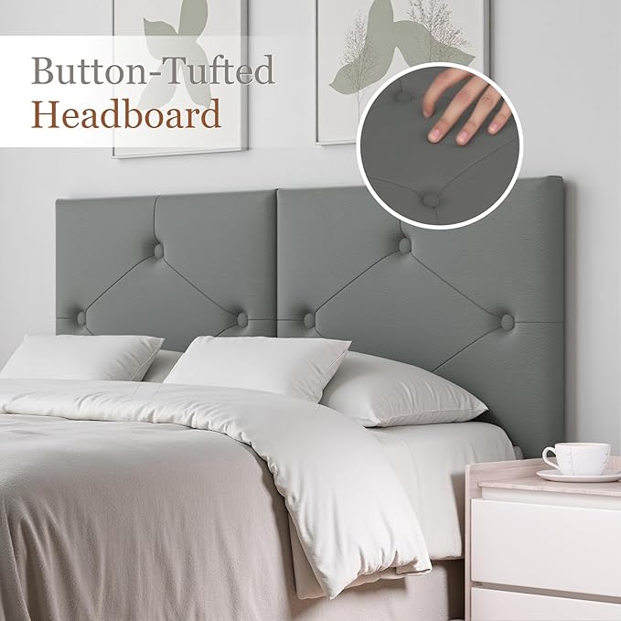 King Size Headboard, Faux Leather Headboard with Solid Wood & Sturdy Metal Legs, Adjustable Height Bed Headboards King Tufted Upholstered in Modern Button Design, Grey