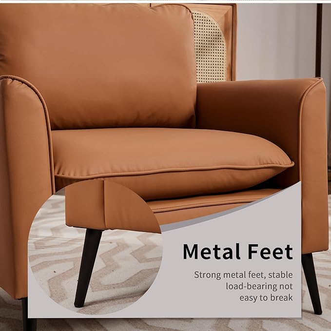 YISHENG Mid-Century Modern Living Room Accent Chairs Set of 2 - Oversized Faux Leather Armchairs with Removable Cushions & Metal Legs, Comfortable Sofas for Office/Lounge/Bedroom/Reception,（Brown）