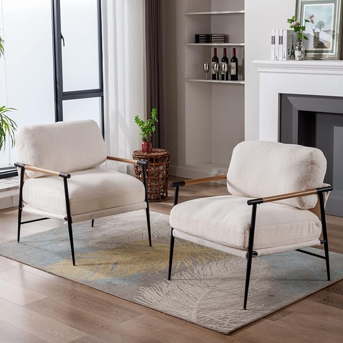 HEAH-YO Modern Accent Chairs Set of 2, Upholstered Lambwool Living Room Chairs with Backrests, Comfy Reading Armchairs for Bedroom, White