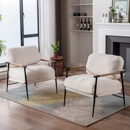HEAH-YO Modern Accent Chairs Set of 2, Upholstered Lambwool Living Room Chairs with Backrests, Comfy Reading Armchairs for Bedroom, White