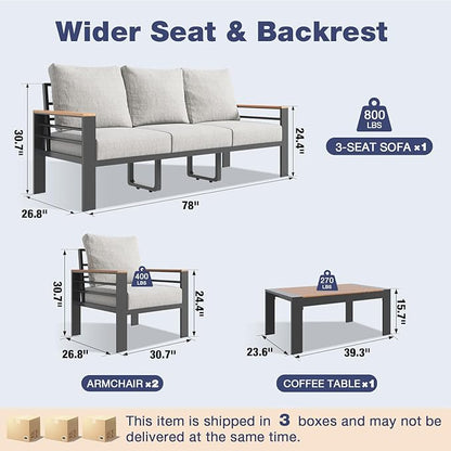 Aoxun Aluminum Patio Furniture Set 5 Seats, Oversized Outdoor Sectional with Washable Thick Cushions, Coffee Table, Patio Conversation Sets for Porch, Balcony, Deck