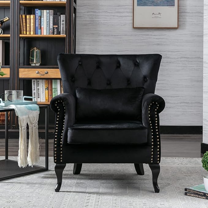 chairus Mid-Century Modern Accent Chairs Set of 2, Comfy Tufted Single Sofa Chair Wingback Armchair with Pillow for Club, Living Room, Bedroom - Velvet, Black