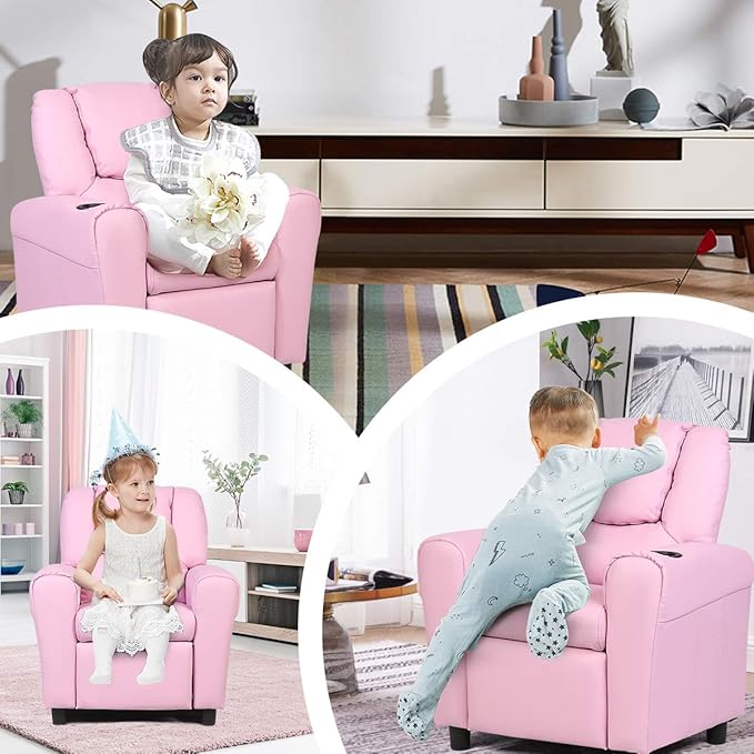 Costzon Kids Recliner Chair with Cup Holder, Toddler Room Furniture Children Armrest Sofa w/Headrest & Footrest for Girls Boys Baby Bedroom, PU Leather Couch (Pink)