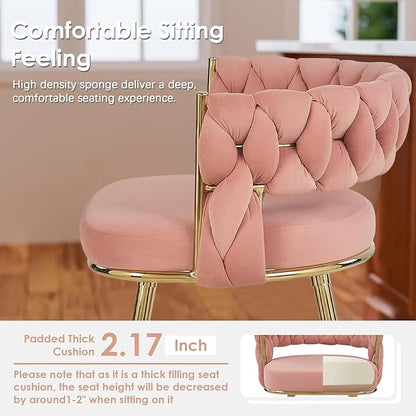 VECELO Bar Stools Set of 2, Counter Height Bar Stools, 26 inch Seat Barstools with Woven Back and Footrest for Kitchen Island Counter, Pink