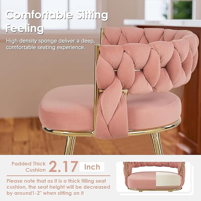 VECELO Bar Stools Set of 4, Counter Height Bar Stools, 26 inch Seat Barstools with Woven Back and Footrest for Kitchen Island Counter, Pink