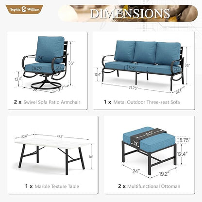 Sophia & William Patio Furniture Sets 7 Seats Outdoor Conversation Set 6 Pcs,2 x Cushioned Swivel Sofa Chairs,1 x 3-Seat Sofa,2 Ottomans, Marbling Metal Coffee Table Patio Backyard Poolside Navy