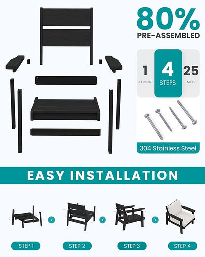 SERWALL HDPE Patio Furniture Set, 5 Piece All Weather Wood-Like Sectional Outdoor Furniture Set, Black Patio Sofa Couch with Khaki Cushions for Deck, Lawn