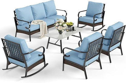 6 Piece Metal Outdoor Patio Furniture Set, 1 3-Seater & 2 Fixed Sofa, 2 Rocking Sofa with 5.75" Thick Cushion & Coffee Table - Black & Blue