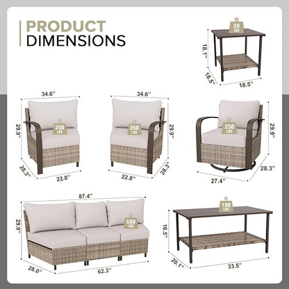 COOS BAY Aurora Terrace Half-Moon Outdoor Furniture Set, Rattan Conversation Set with Swivel Rockers, Curved 5-Seat Sofa, Coffee Table & Side Table, Seats 7, Beige/Beige