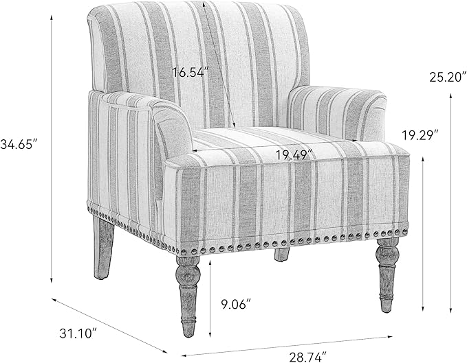Pia Ricco Stripe Accent Chairs 2 Pack - Modern Nailhead Trim Armchairs with Wood Legs, Comfy Living Room Bedroom Home Office Seating-Light Blue