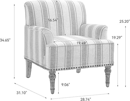 Pia Ricco Stripe Accent Chairs 2 Pack - Modern Nailhead Trim Armchairs with Wood Legs, Comfy Living Room Bedroom Home Office Seating-Light Blue