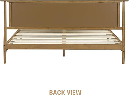 NTC Ruby Wooden Bed Frame with Headboard and Natural Rattan, Solid Oak Foundation with Silent Slats, 1000 Lb Capacity, Effortless Assembly, King - Teak Look