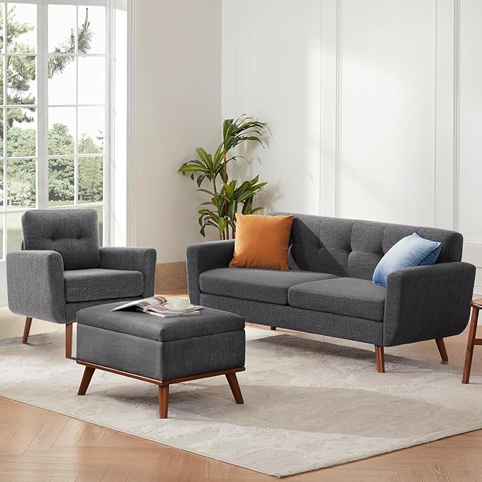 Tbfit Linen Fabric Accent Chairs Set of 2, Mid Century Modern Armchair for Living Room, Bedroom Button Tufted Upholstered Comfy Reading Accent Chair Sofa(Grey)