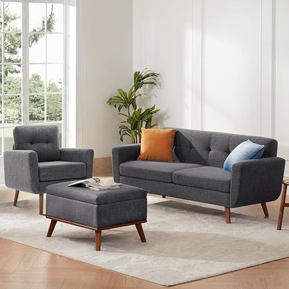 Tbfit Linen Fabric Accent Chairs Set of 2, Mid Century Modern Armchair for Living Room, Bedroom Button Tufted Upholstered Comfy Reading Accent Chair Sofa(Grey)