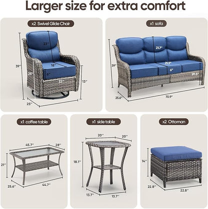 Swivel Patio Chairs sofa Set of 9 with 6" Thick Cushion - Wicker Outdoor Swivel Rocker Patio Chair ,Sofa/Glass coffee table, High Back Comfortable Outdoor Glider Chairs - Gery Wicker | Blue Cushions
