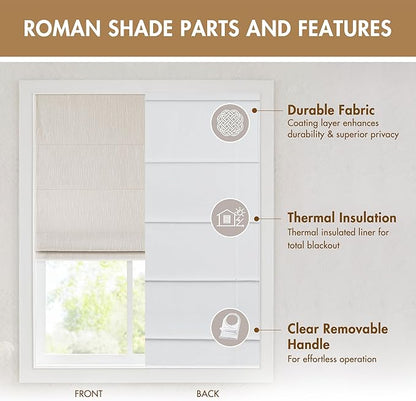 Madison Park Cordless Roman Shades, Total Blackout Window Blind Privacy Window Shades, Thermal Insulated Cordless Window Treatment for Bedroom, Living Room, Quincy, Single Panel 33" W X 64" H Linen