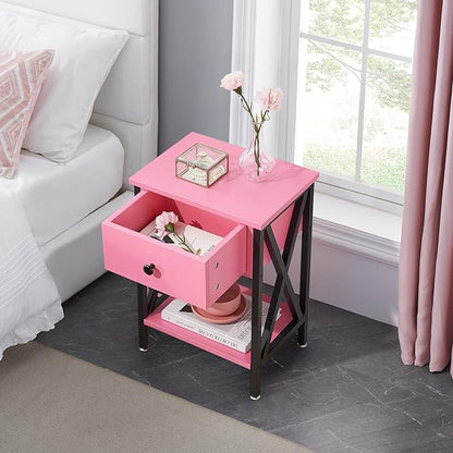 VECELO End Tables, Modern Nightstand with Drawer & Shelf, Night Stand for Bedroom Living Room,Industrial Metal Frame