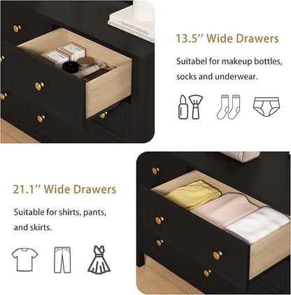 LYNSOM Black Dresser for Bedroom with 9 Drawers, Modern Wide Chest of Storage Drawer with Gold Handles, TV Stand Dresser, Wood Dressers for Bedroom, Living Room, Hallway, Entryway, 59’’