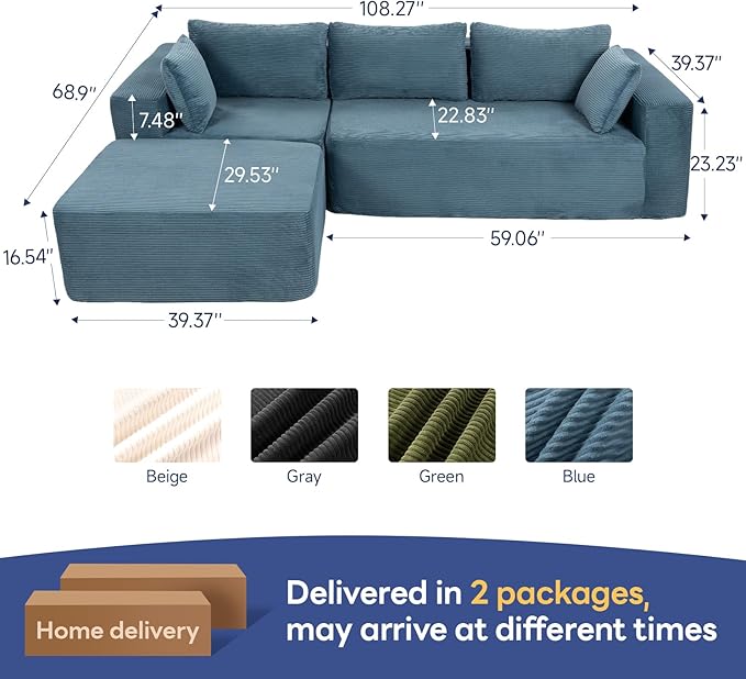2025 New 108" Cloud Couch Sectional, Modular Sectional Sofa with L-Shaped Chaise, Deep Seat Sectional Modular Couch for Living Room, No Assembly Required (Blue, Chaise Ottoman)