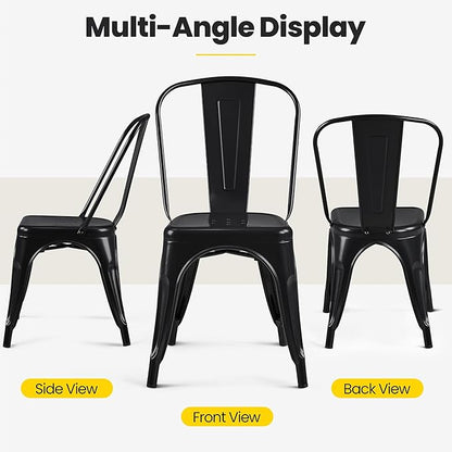 Yaheetech Metal Dining Chairs Set of 4, Industrial Stackable Kitchen Chairs with Back for Dining Room/Restaurant/Bistro/Patio, Indoor & Outdoor Use, Matte Black