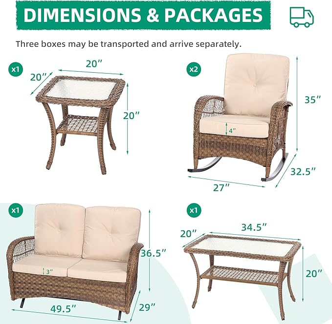 VIVIJASON 5-Piece Outdoor Patio Wicker Conversation Sets, All Weather Outdoor Rattan Furniture Set Includes Glider Loveseat, 2 Coffee Table, 2 Rocking Chairs with Cushions for Backyard, Light Brown
