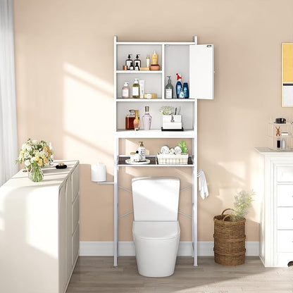 AWQM Over The Toilet Storage Cabinet, Bathroom Cabinet Organizer with Adjustable Shelf, Freestanding Space Saver Toilet Stands with Door, Paper Hook, Multifunctional Bathroom Toilet Rack, White