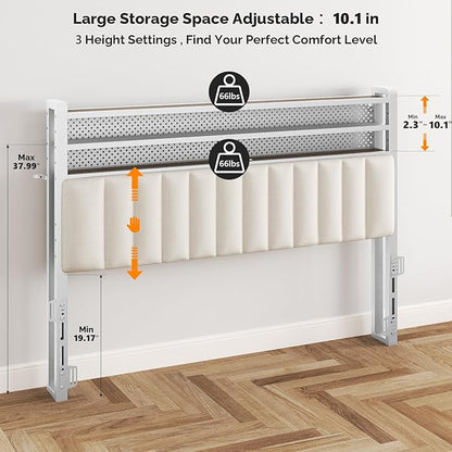 VINGLI Full Size Headboard Only, Adjustable Upholstered Headboard with 3 Tier Shelves and Pegboard with Charging Stations and LED Lights, Modern Bed Headboard with Storage for Bedroom Decor