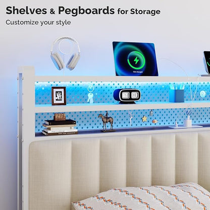 VINGLI Full Size Headboard Only, Adjustable Upholstered Headboard with 3 Tier Shelves and Pegboard with Charging Stations and LED Lights, Modern Bed Headboard with Storage for Bedroom Decor