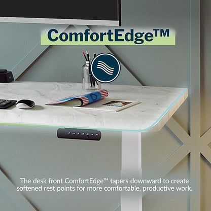 Vari ComfortEdge 60x30 Inch Adjustable Electric Standing Desk – Limited Edition Sit Stand VariDesk with Memory Presets & Sloped Front Edge + Tool-Free Assembly (Marble/White Legs)