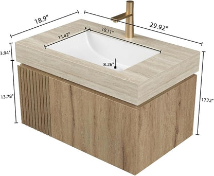 Bathroom Vanity with Sink 30 Inch, Floating Bathroom Vanity Sink Cabinet with Drawer and Door, Undermount Sink & Travertine-Pattern Sintered Stone Top, Pre-Assembled, White Oak