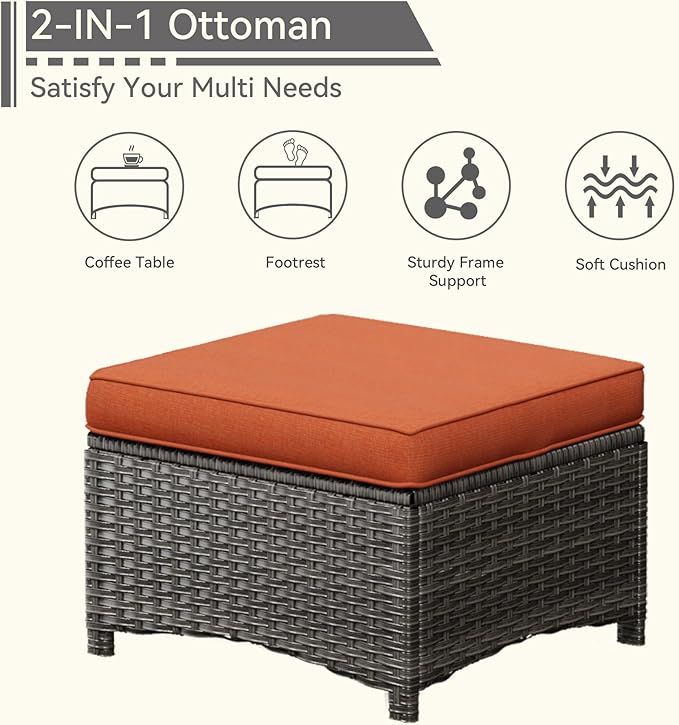 7 Pieces Outdoor Patio Conversation Set, Wicker Furniture Set Includes 3-Seat Sofa, Patio Rattan Dining Chair Set of 4, 2 Ottomans, for Porch, Yard, Mixed Brown Rattan, Orange