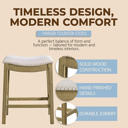 ROME + OAK Set of 3 Parker 26" Counter Stool, Backless Saddle Kitchen Barstool in Natural Wood Finish with Wheat Cream Fabric Upholstery Cushion Seat